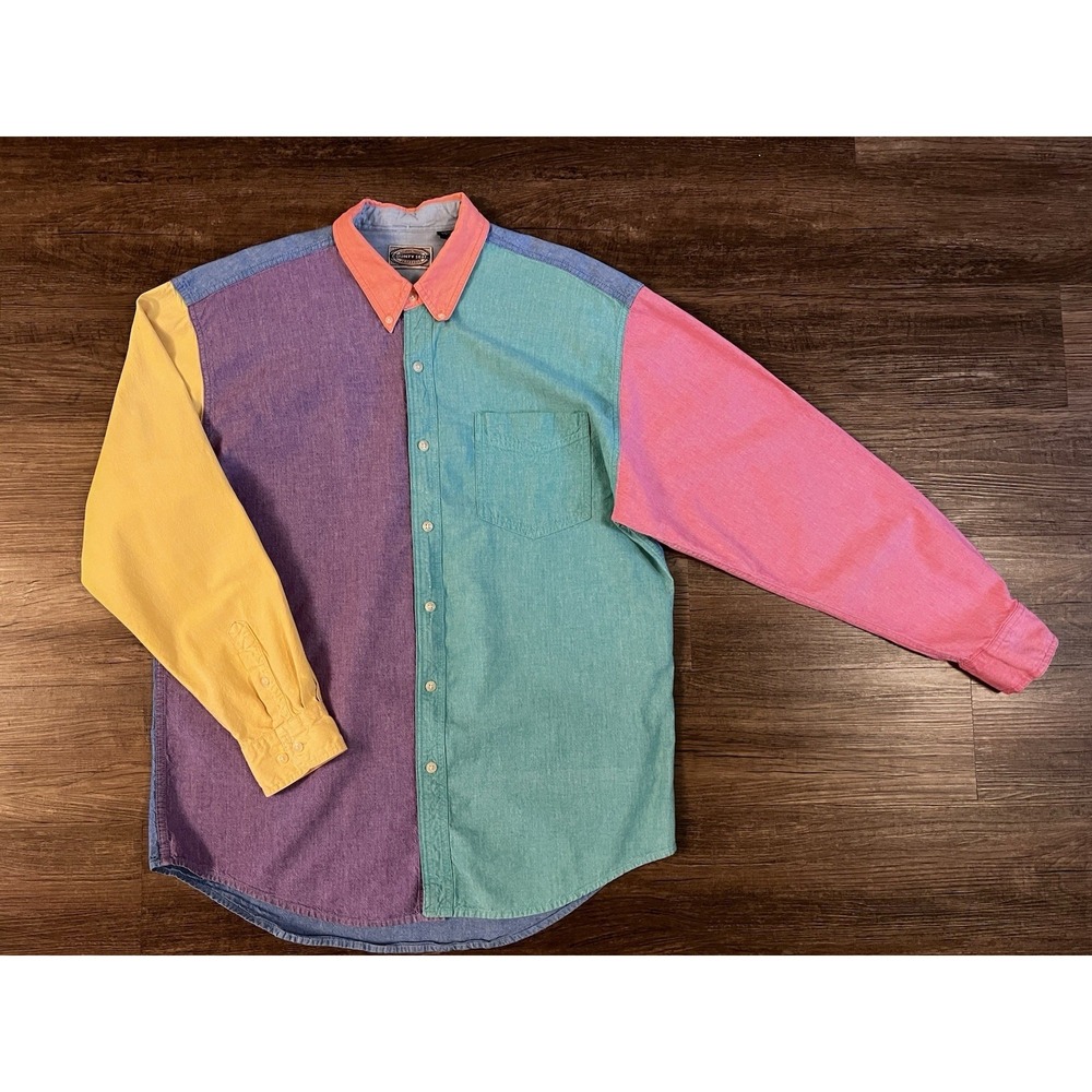 Vintage County Seat Shirt Mens L Button Down Colorblock Multicolor 90s Hong A5